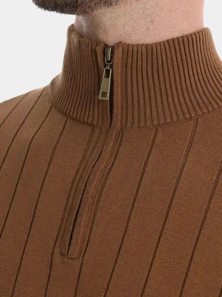 Sweter z dzianiny bawełnianej w pionowe paski z zamkiem na ćwierć