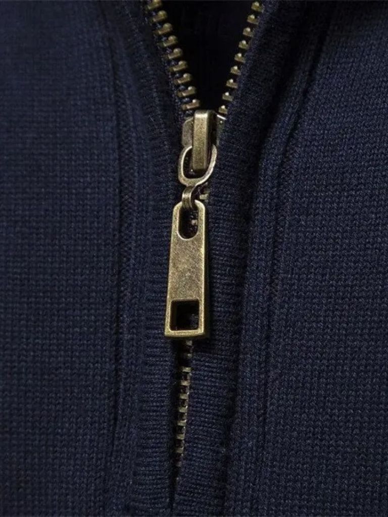 Sweter z dzianiny bawełnianej w pionowe paski z zamkiem na ćwierć