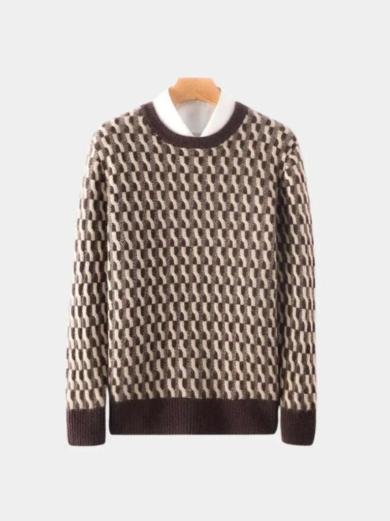 100% Wełniany Geometriczny Sweter z Okrągłym Dekoltem
