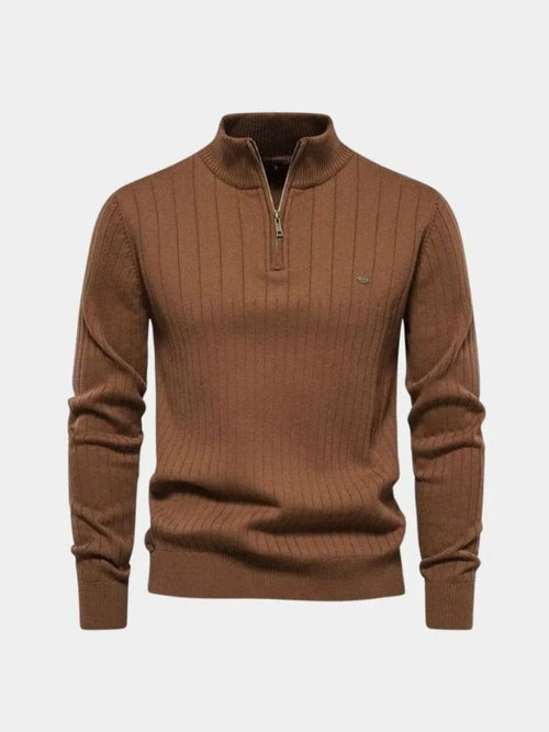 Sweter z dzianiny bawełnianej w pionowe paski z zamkiem na ćwierć