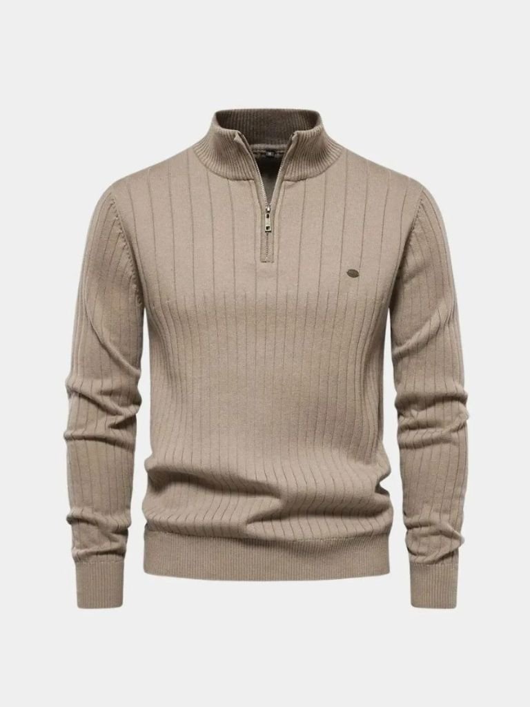 Sweter z dzianiny bawełnianej w pionowe paski z zamkiem na ćwierć
