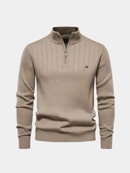 Sweter z dzianiny bawełnianej w pionowe paski z zamkiem na ćwierć