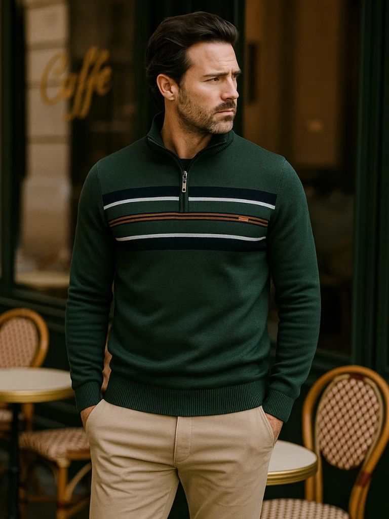 Sweter z dzianiny w paski z zamkiem błyskawicznym