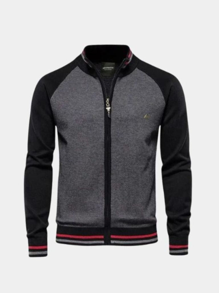 Sweter Kardigan z Zipperem w Kolorze Blokowym z Stojącym Kołnierzem