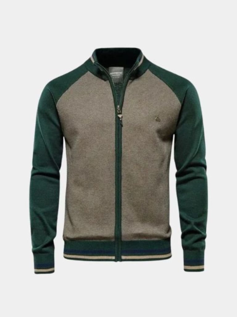 Sweter Kardigan z Zipperem w Kolorze Blokowym z Stojącym Kołnierzem