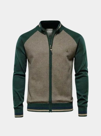 Sweter Kardigan z Zipperem w Kolorze Blokowym z Stojącym Kołnierzem