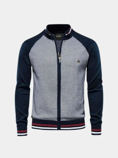 Sweter Kardigan z Zipperem w Kolorze Blokowym z Stojącym Kołnierzem