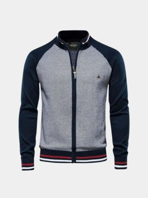 Sweter Kardigan z Zipperem w Kolorze Blokowym z Stojącym Kołnierzem