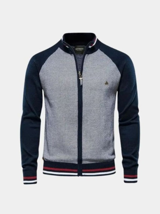 Sweter Kardigan z Zipperem w Kolorze Blokowym z Stojącym Kołnierzem