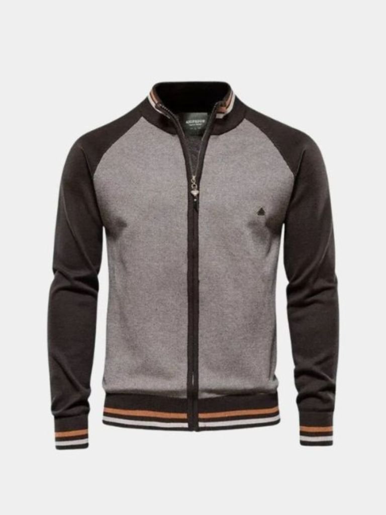 Sweter Kardigan z Zipperem w Kolorze Blokowym z Stojącym Kołnierzem